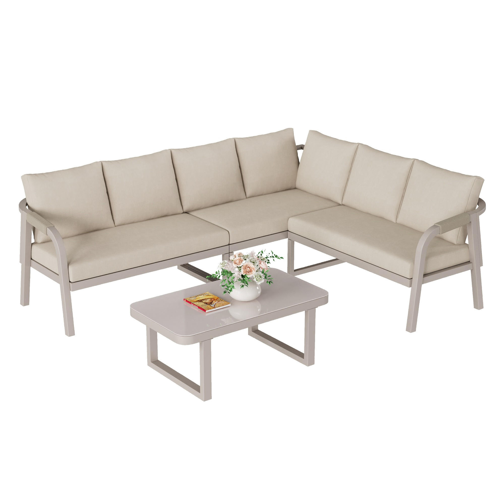 GARTENMÖBEL-SET 240/183/83 cm beige aus Polyester und Stahl mit Ecksofa und Couchtisch - Beige, Metall - OKWISH