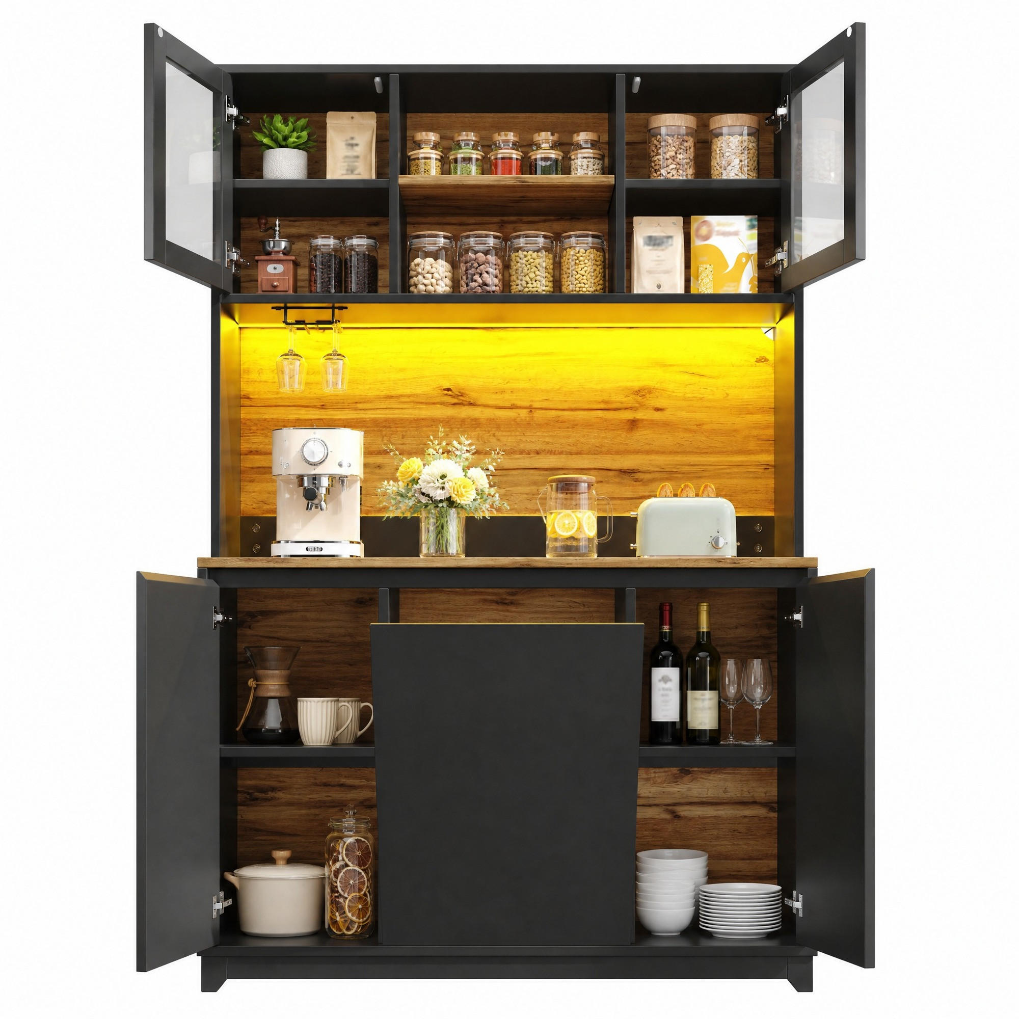 KÜCHEN-SIDEBOARD aus MDF 120x40x180 cm Schwarz mit LED-Beleuchtung, Acryltüren und Abfallfach - Schwarz, Holzwerkstoff (120/180/40cm) - IVMEU