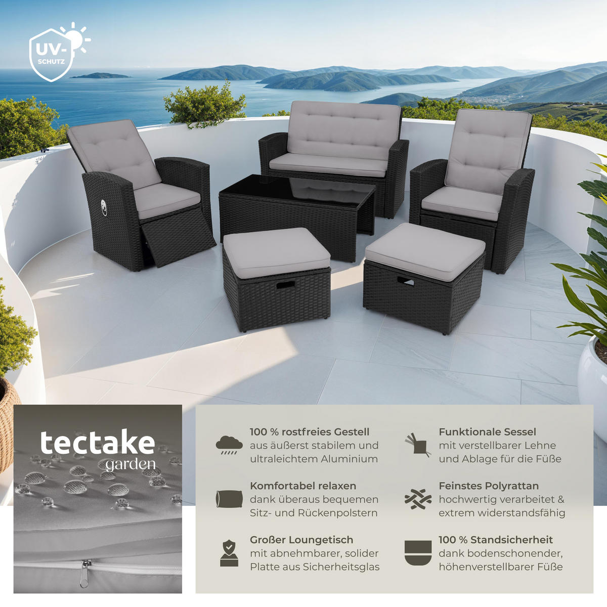 RATTANLOUNGE Bari,mit Sicherheitsglasplatte und Schraubfüßen,schwarz - Schwarz, Kunststoff - tectake