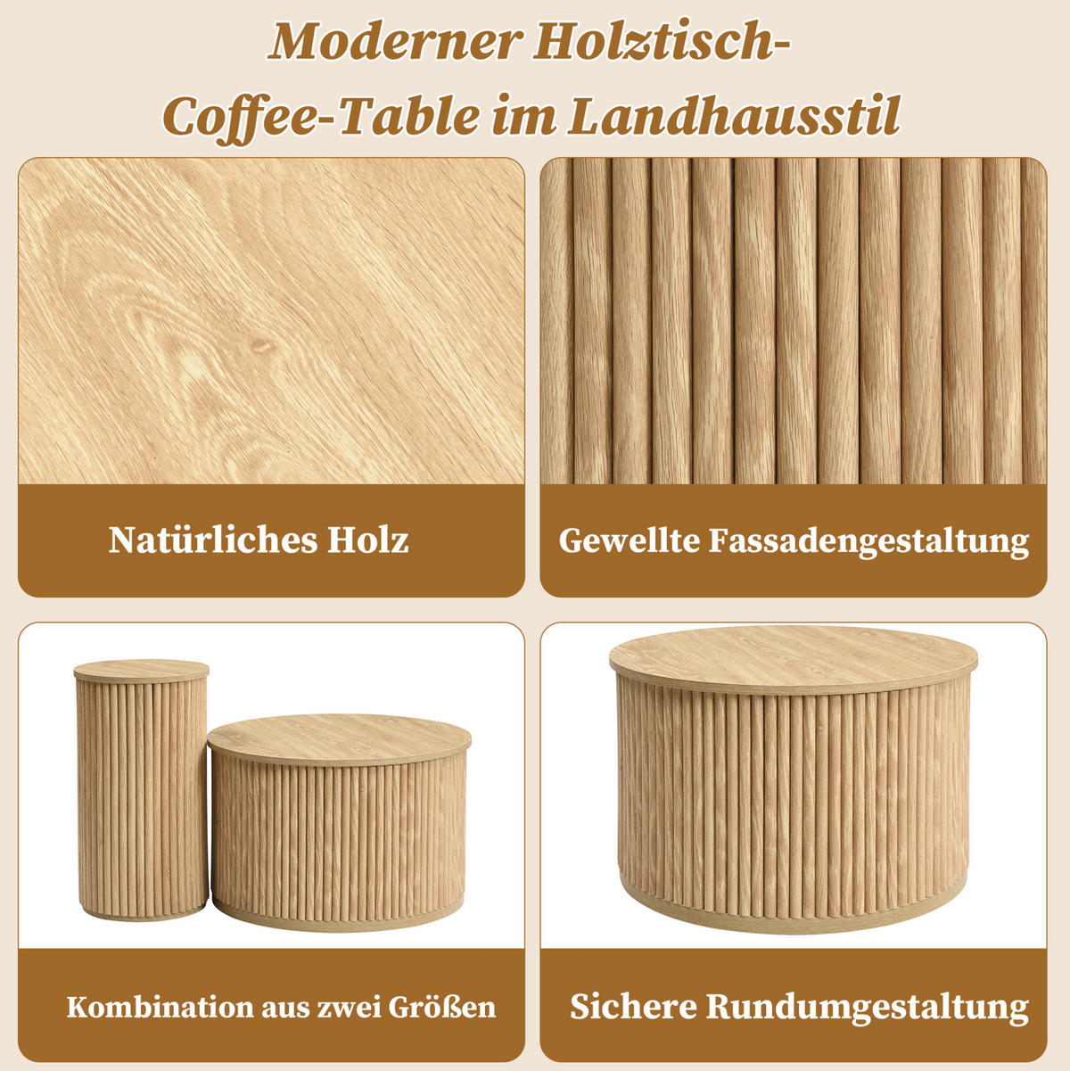 COUCHTISCH-SET aus MDF 60x60x38,5 cm und 30x30x56 cm Natur mit 3D-Streifenmuster - Naturfarben, Holzwerkstoff (60/60/38.5cm) - IVMEU