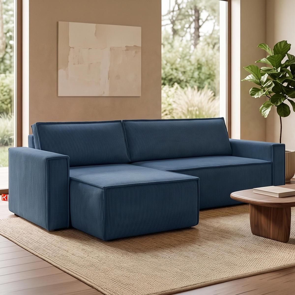 ECKSOFA-LINKS/RECHTS NAPI Schlaffunktion mit Cordbezug, blau - Blau/Schwarz, Textil (246/148cm) - KONSIMO®