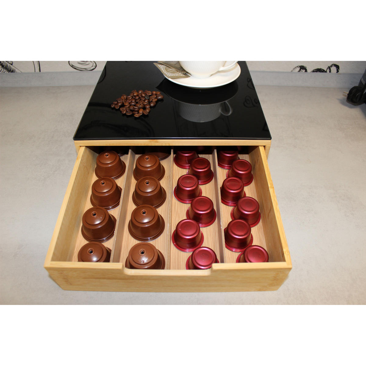 KAFFEEKAPSEL-REGAL mit Schublade, Holz mit Glasplatte - Schwarz, Holz - 5five Simply Smart