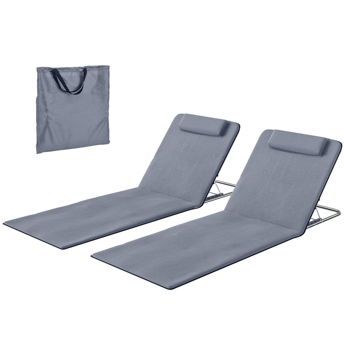 SONNENLIEGE 2er-Set Isomatten mit verstellbarer Rückenlehne Kopfstütze und Tragetasche 134 x 48 x 33–43 cm ,Grau - Grau, Metall (48/43/134cm) - Vallsero