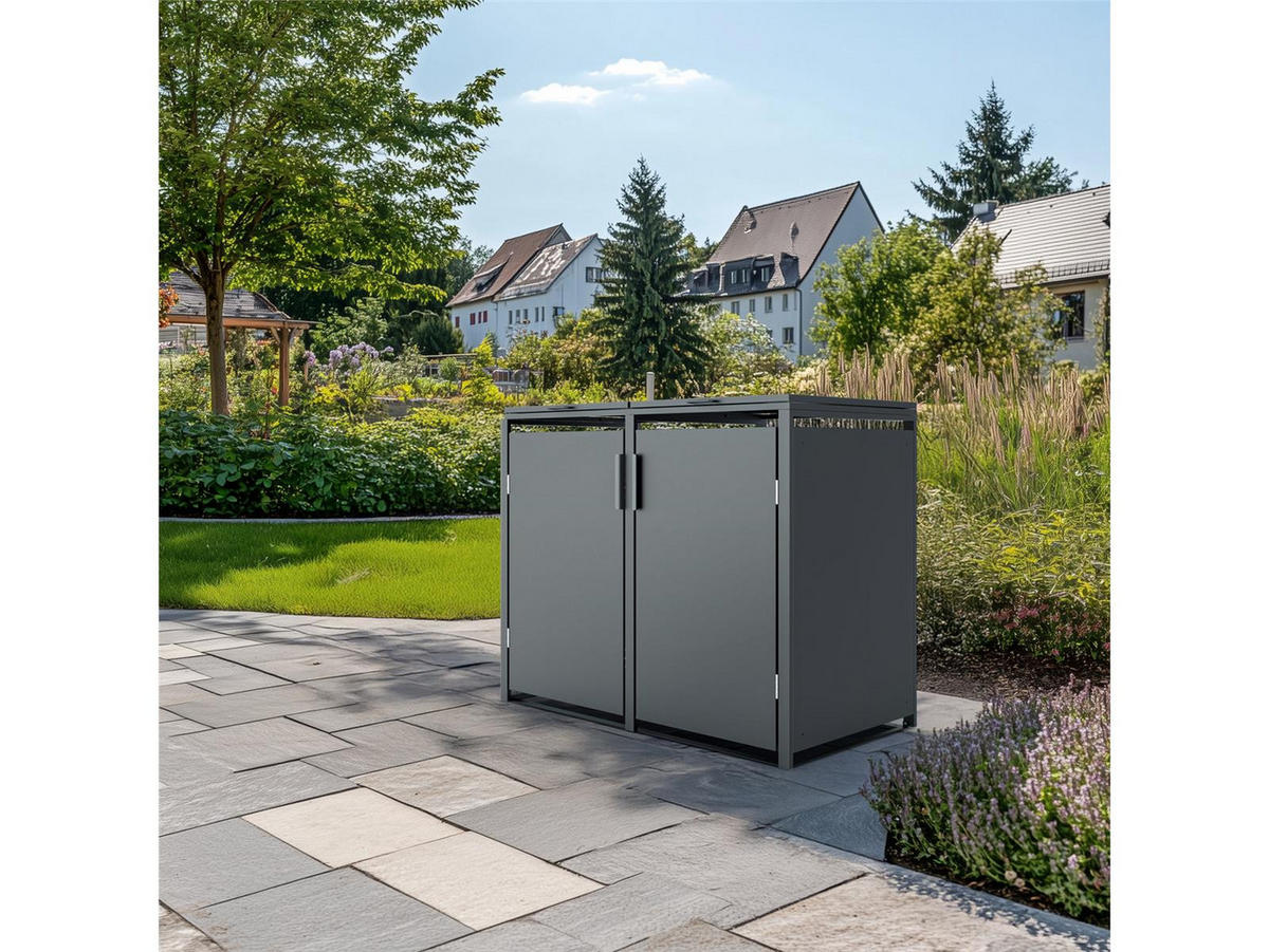MÜLLTONNENBOX Anthrazit 2er mit Gasdruckfeder-Deckel 132/80/116 cm - Grau, Kunststoff (80/175/120cm) - Plats Outdoor solution