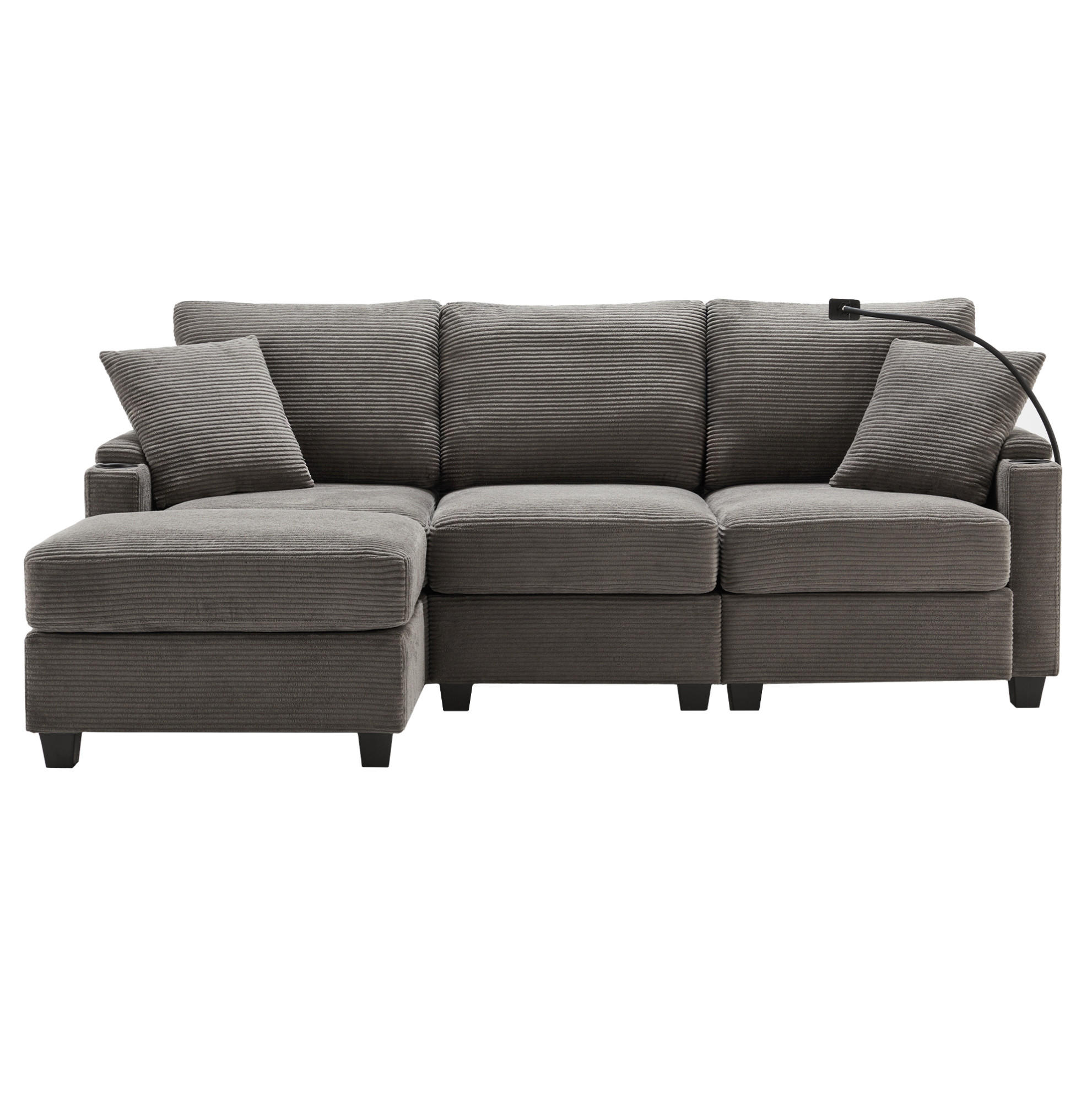 SOFA in L-Form mit Hocker USB-Ablage 213,5 x 139 cm Cord Dunkelgrau - Dunkelgrau, Textil (213.5/139cm) - IVMEU