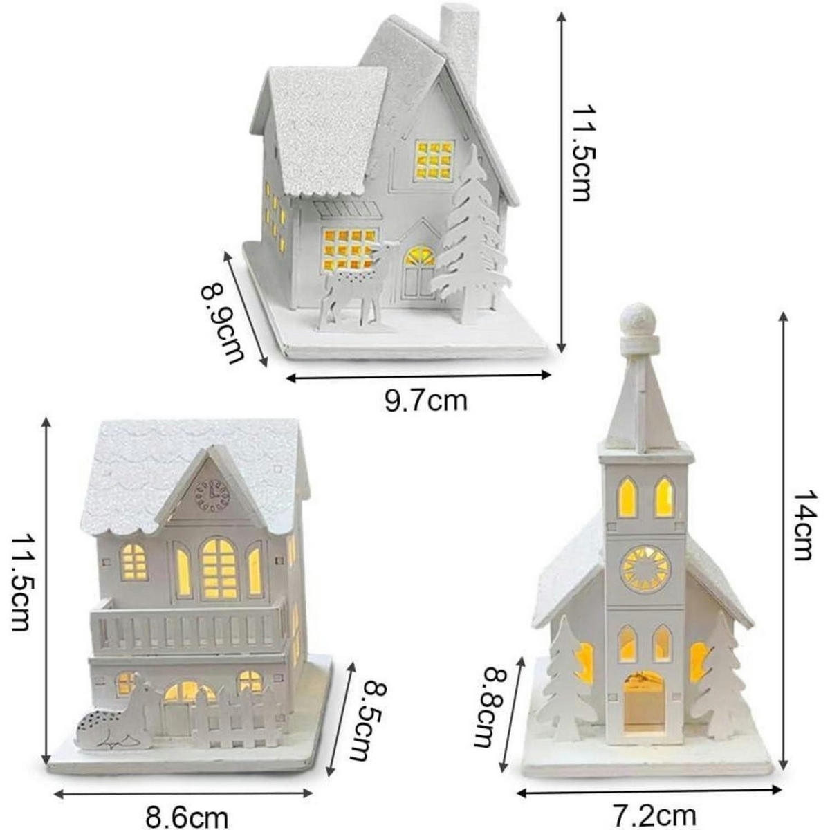 WEIHNACHTSDORF 3-teiliges Set mit Beleuchtung Holz - Weiß, Holz (9/14.5/6cm)
