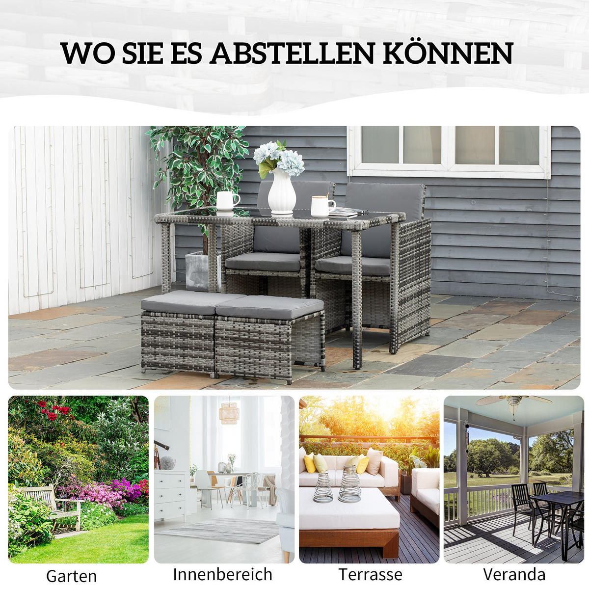 GARTENSET Garnitur 5 tlg. mit Kissen, Grau - Grau, Kunststoff - Outsunny