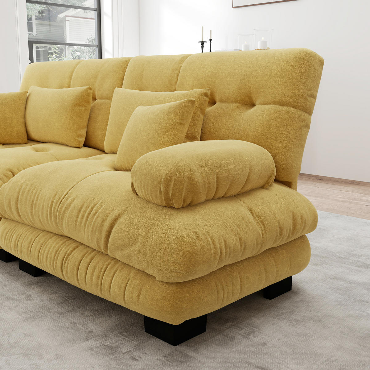 ECKSOFA mit modularer Ottoman, breiten Armlehnen und Zierkissen aus Chenille, Gelb - Gelb, Textil (220/145cm) - Redom
