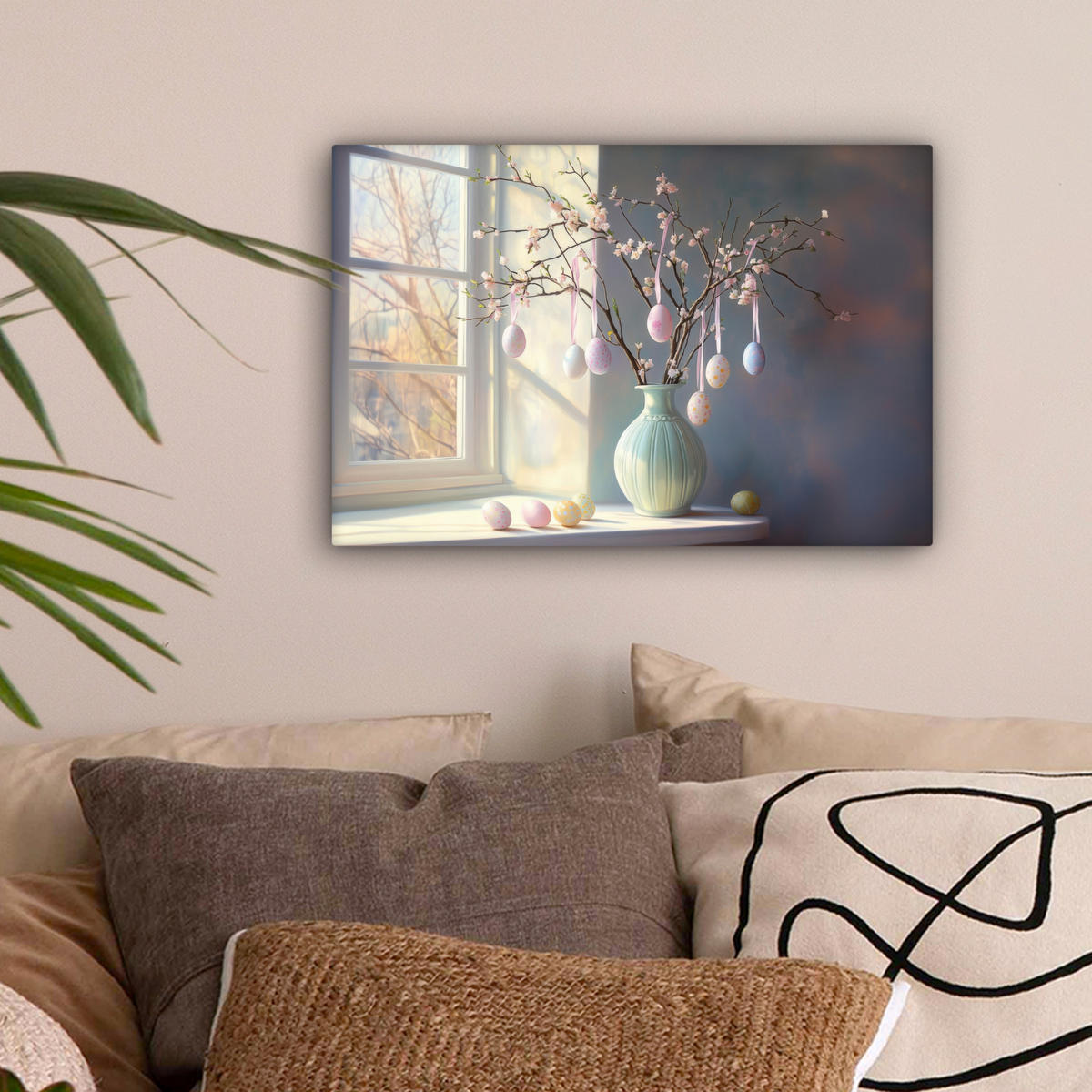 LEINWANDBILD Stillleben - Vase - Osterzweig Deko Schlafzimmer 30x20 cm - Hellblau, Textil (30/20cm) - MuchoWow