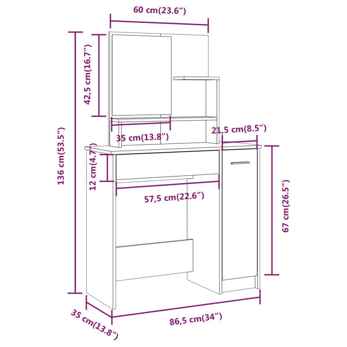 SCHMINKTISCH MIT SPIEGEL BETONGRAU 86,5X35X136 CM - Hellgrau/Grau, Holz (86.5/136/35cm) - vidaXL