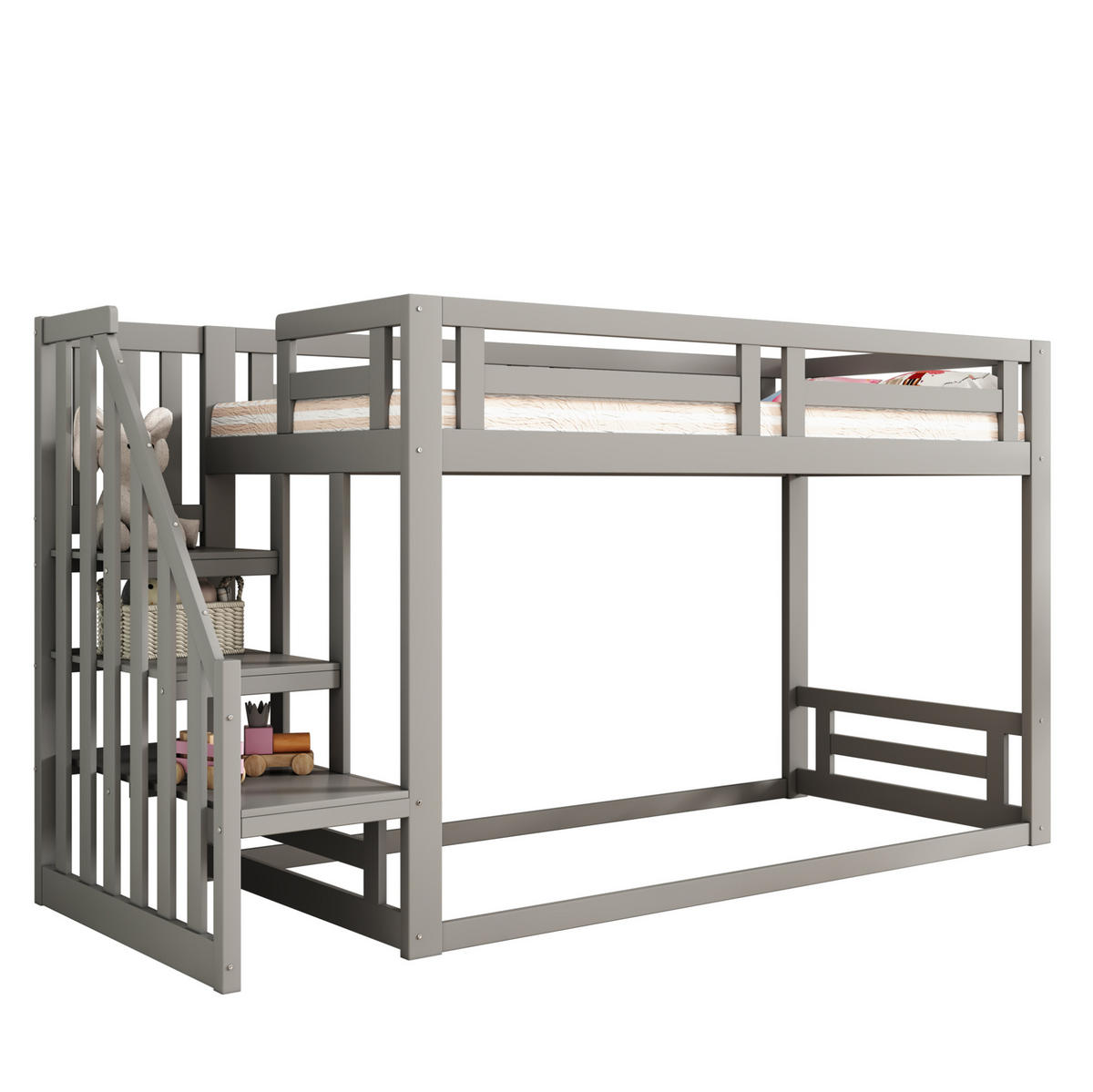 ETAGENBETT 90/200 cm mit Sicherheitstreppe, Stauraum und Lattenrost, Grau - Grau, Holzwerkstoff (90/200cm) - Redom