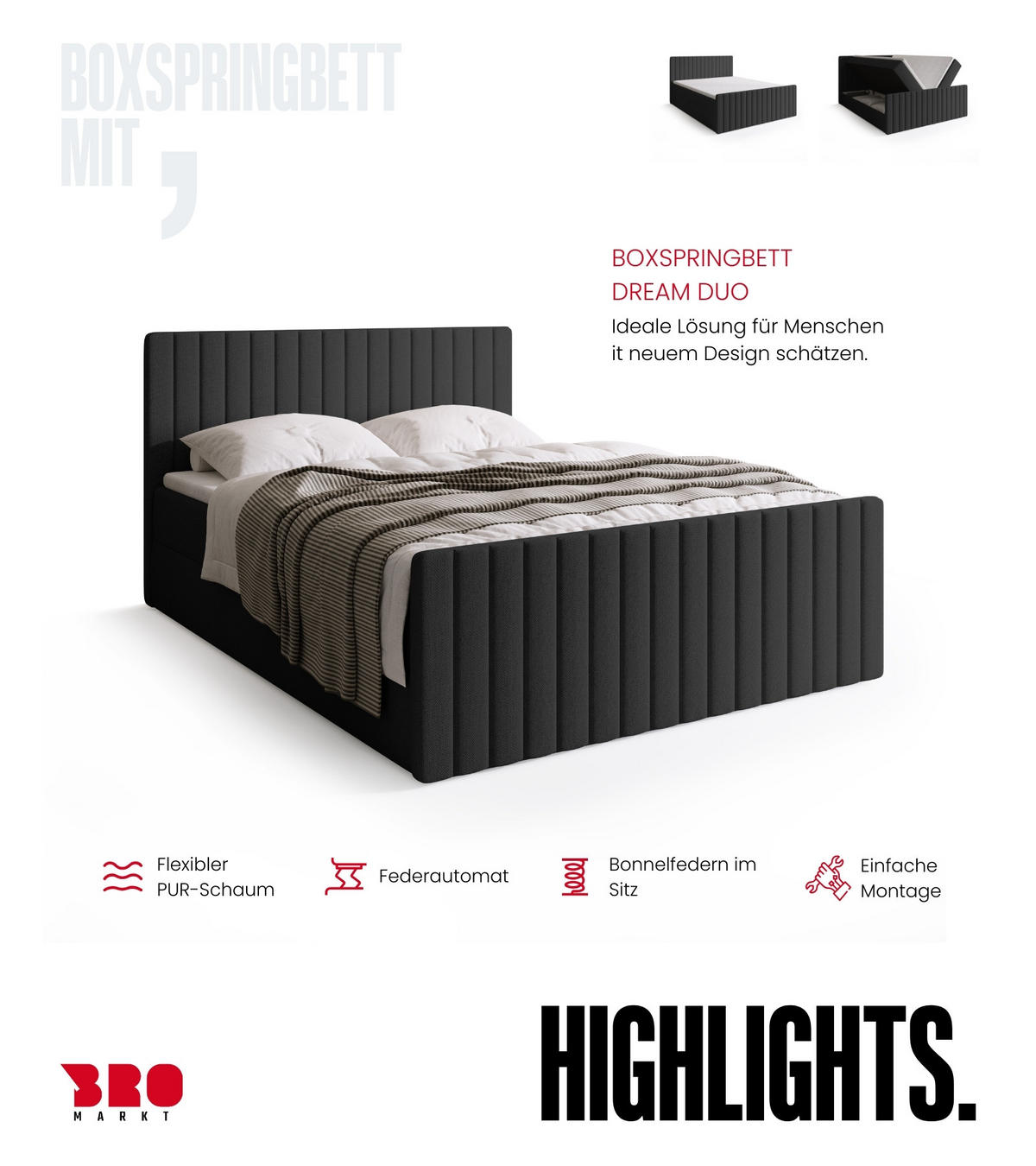 BOXSPRINGBETT Dream Duo mit Topper 140/200 Dunkelgrau - Dunkelgrau, Kunststoff (140/200cm) - Bromarkt