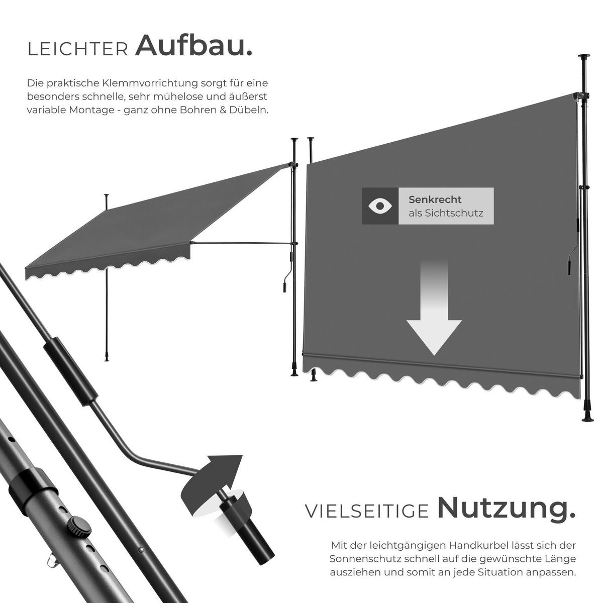 KLEMMMARKISE MIT HANDKURBEL , wasserabweisend, schwarz/grau - Schwarz/Grau, Textil (350/304/180cm) - tectake