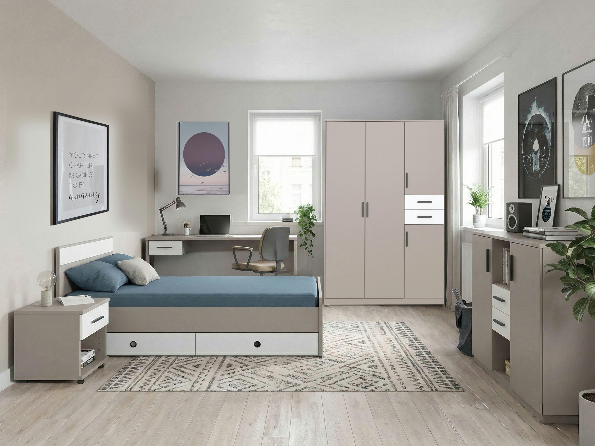 JUGENDZIMMER Bahamas Saharagrau- Weiß 7 teilig mit Drehtürenschrank - Grau, Holzwerkstoff (80/200/120cm)