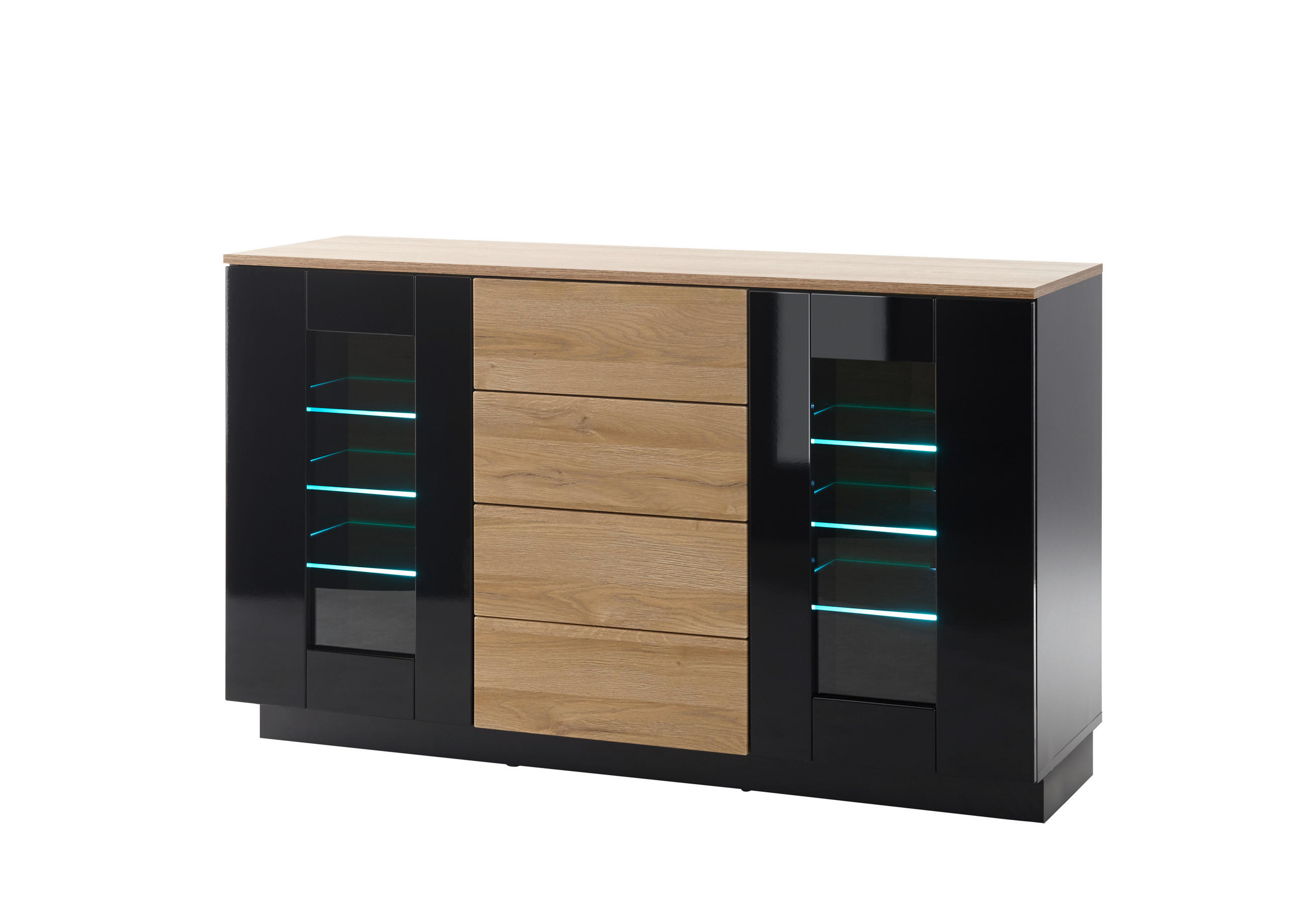 SIDEBOARD M14 Schwarz Hochglanz & Grandson Oak hell 136/85/43 cm schmal mit Glasausschnitt - Schwarz Hochglanz, Holzwerkstoff (136/85/43cm) - Livojo