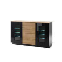 SIDEBOARD M14 Schwarz Hochglanz & Grandson Oak hell 136/85/43 cm schmal mit Glasausschnitt - Schwarz Hochglanz, Holzwerkstoff (136/85/43cm) - Livojo