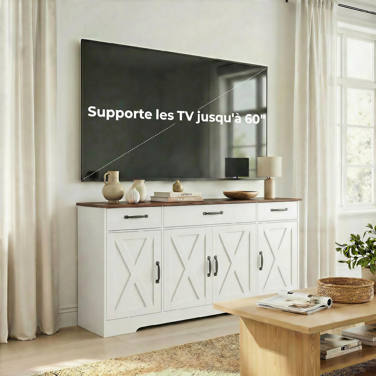 SIDEBOARD DE-11298 Landhausstil, 4 Scheunentüren Weiß - Weiß, Holzwerkstoff (140/81/40cm) - ComfortXL