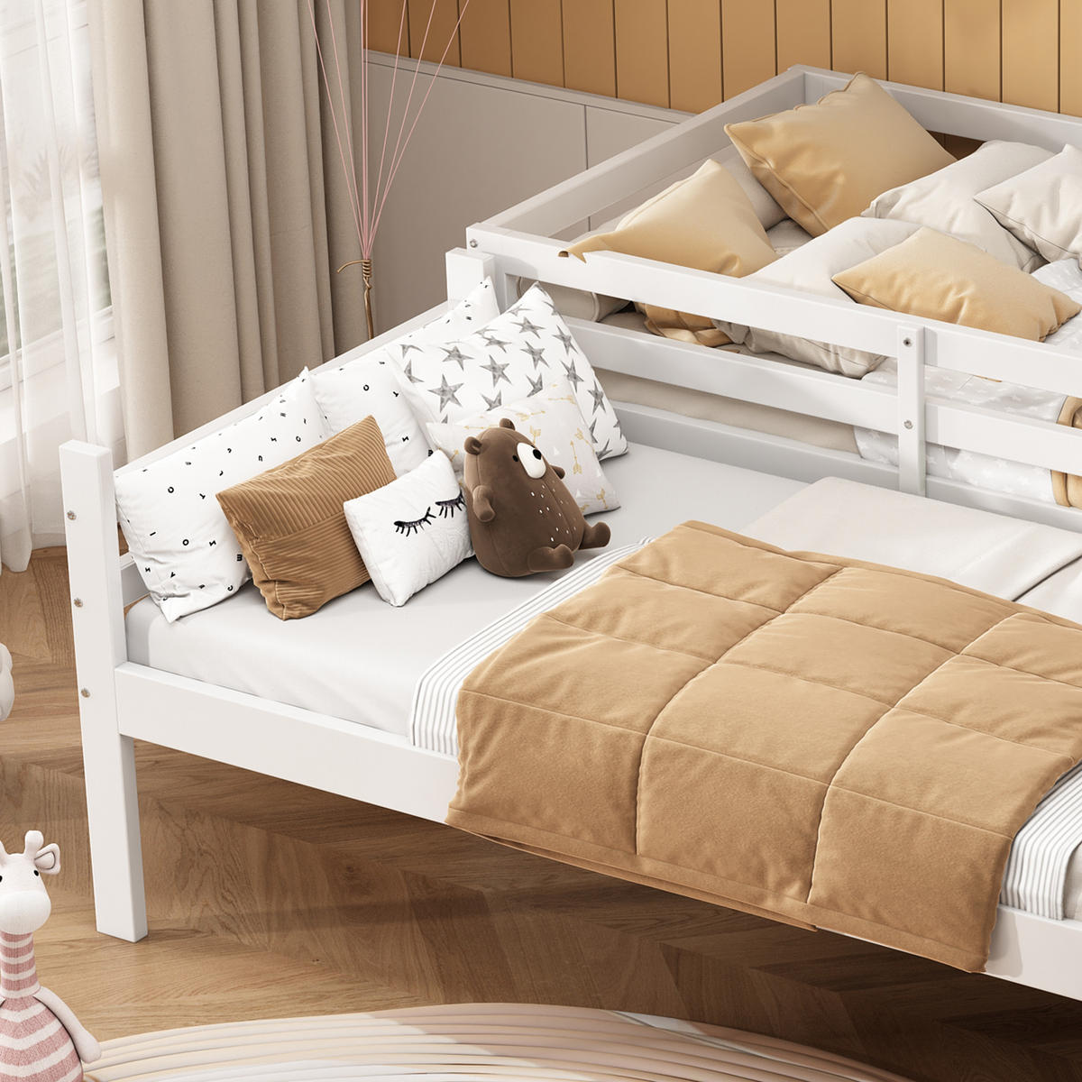 ETAGENBETT 90/200 cm Weiß aus Kiefer mit Absturzsicherung und Winkelleiter - Weiß, Holzwerkstoff (90/200cm) - OKWISH