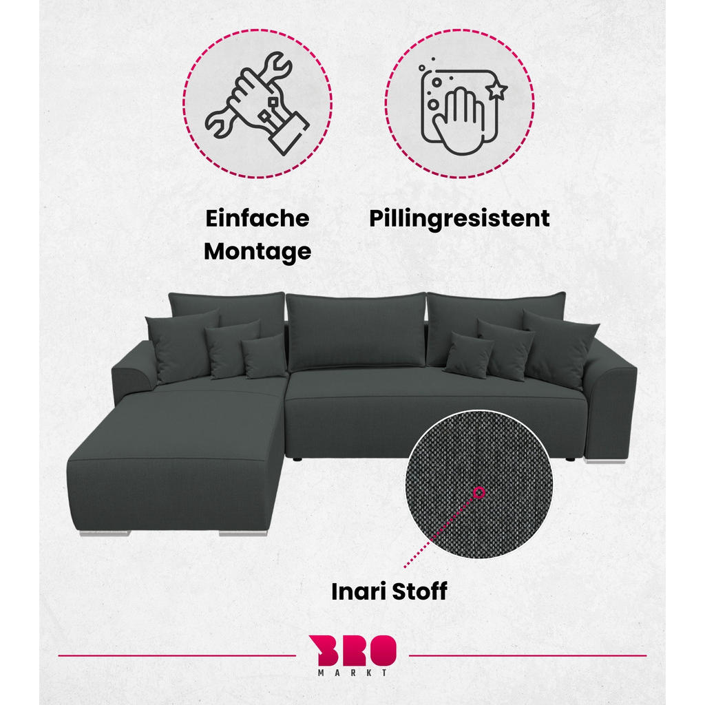 Thumbnail - Bromarkt Ecksofa, Graphit, Textil, 3-Sitzer, L-Form,L-Form, 280x184 cm, Wohnzimmer, Sofas & Couches, Wohnlandschaften, E...