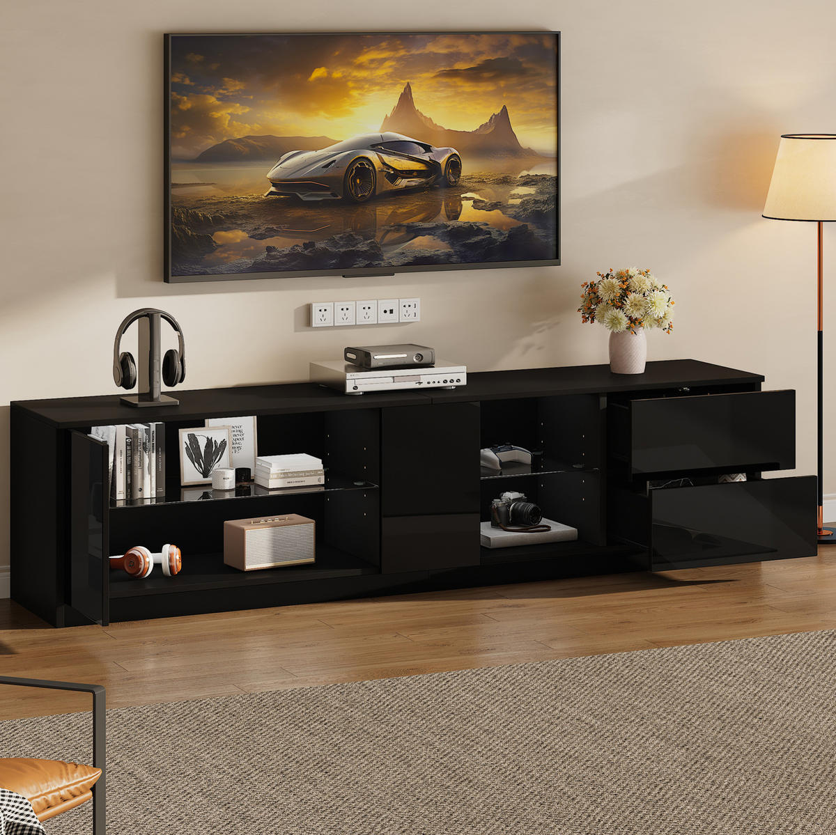 LOWBOARD 160/40/52 cm aus MDF mit Hochglanzfront und LED-Beleuchtung Schwarz - Schwarz, Holzwerkstoff (160/52/40cm) - Modenvie