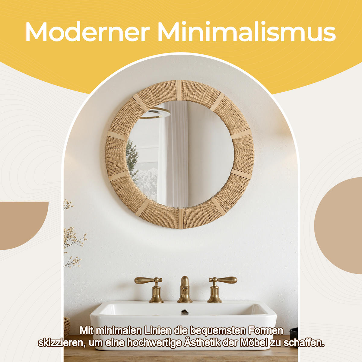 53CM Runder Wandspiegel mit Rahmen aus Tannenholz und Papierkordel Geeignet für Badezimmer, Wohnzimmer, Schlafzimmer usw. - Hellbraun/Beige, Glas/Holz (53/3/53cm) - Hometopia