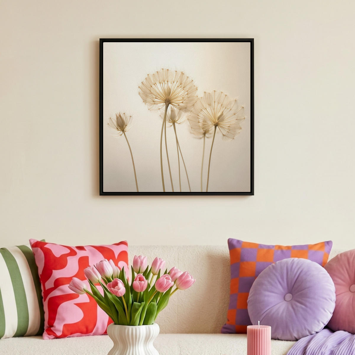 LEINWAND Bilder mit Rahmen - Sonnenlicht - Löwenzahn - Botanisch - Blumen - 50x50 - Creme, Textil (50/50cm) - MuchoWow