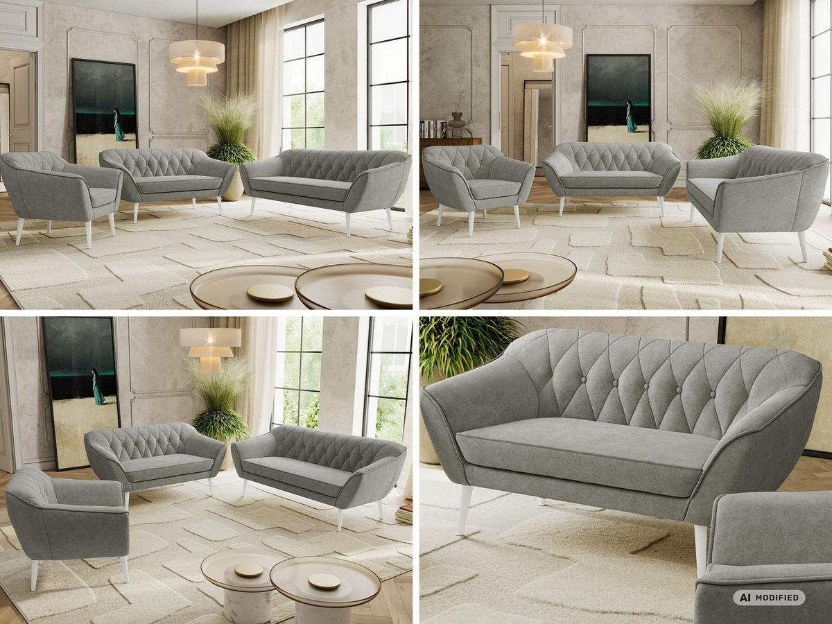 SEDACIA ZOSTAVA 3+2+1 PIRS - Sivá Štruktúrovaná látka - Biele nohy - sivá/biela, kompozitné drevo/textil (180/75/74cm) - MKS