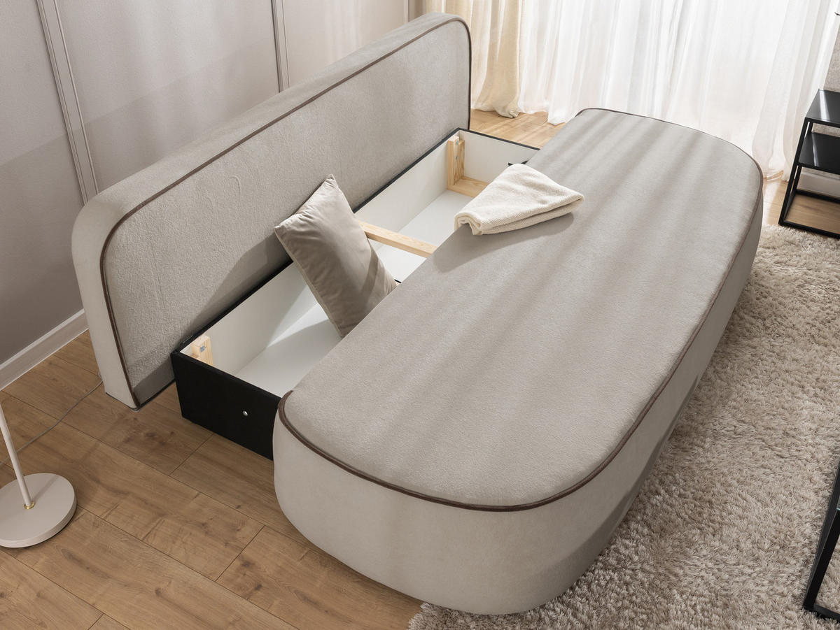 KINDERSOFA Vero im modernen und abgerundeten Design mit Schlaffunktion und Bettkasten aus Taupe Plüschstoff mit brauner Paspel - Taupe/Schwarz, Holz/Kunststoff (210/90/98cm) - S-Style Möbel