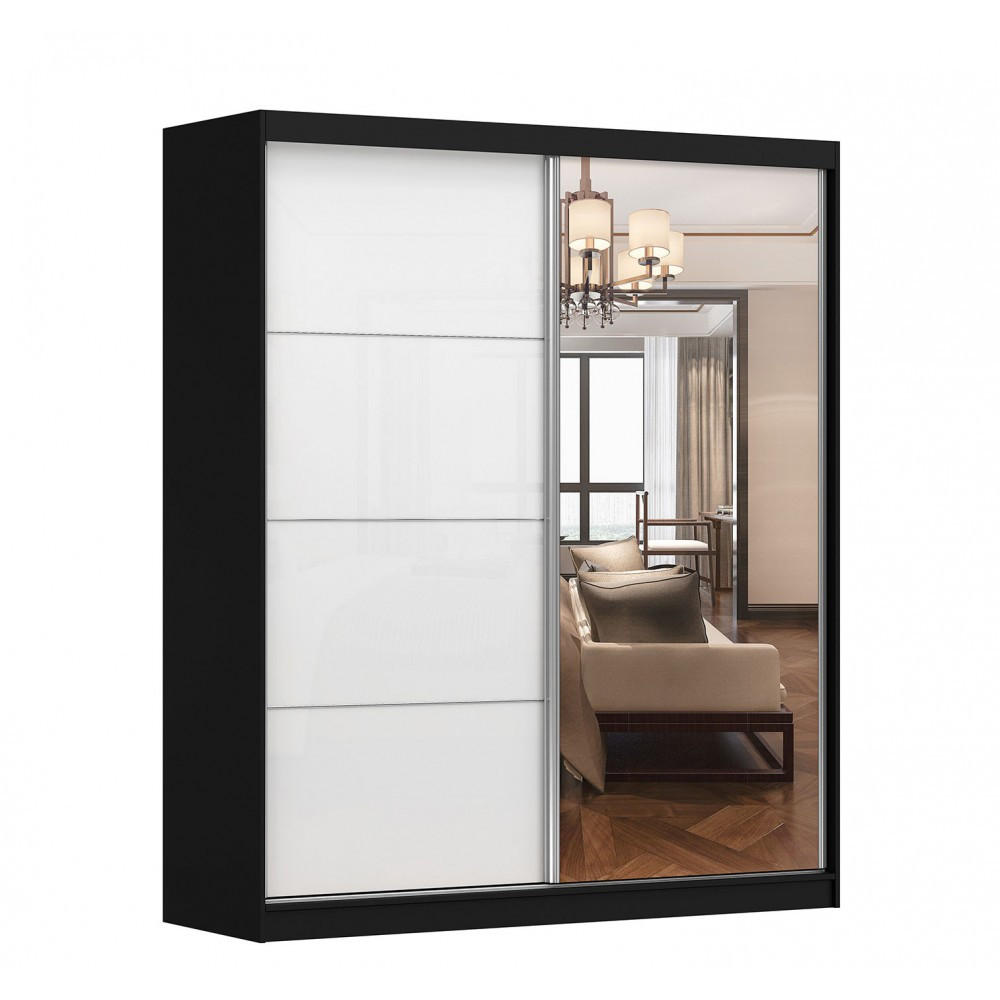 SCHWEBETÜRENSCHRANK Multi 35 Schwarz/Weiß Semigloss + Spiegel 183 cm - Alufarben/Schwarz, Glas/Holzwerkstoff (183/218/61cm) - imoebel24