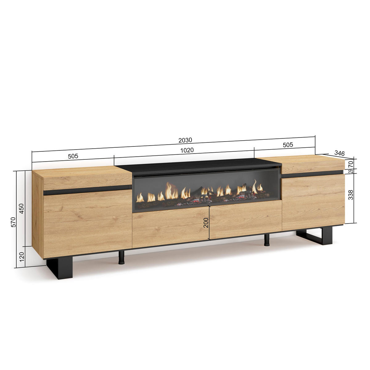 LOWBOARD Elektrokamin, eiche, schwarz, 200/35/57cm - Eichefarben/Schwarz, Holzwerkstoff (200/57/35cm) - Skraut Home