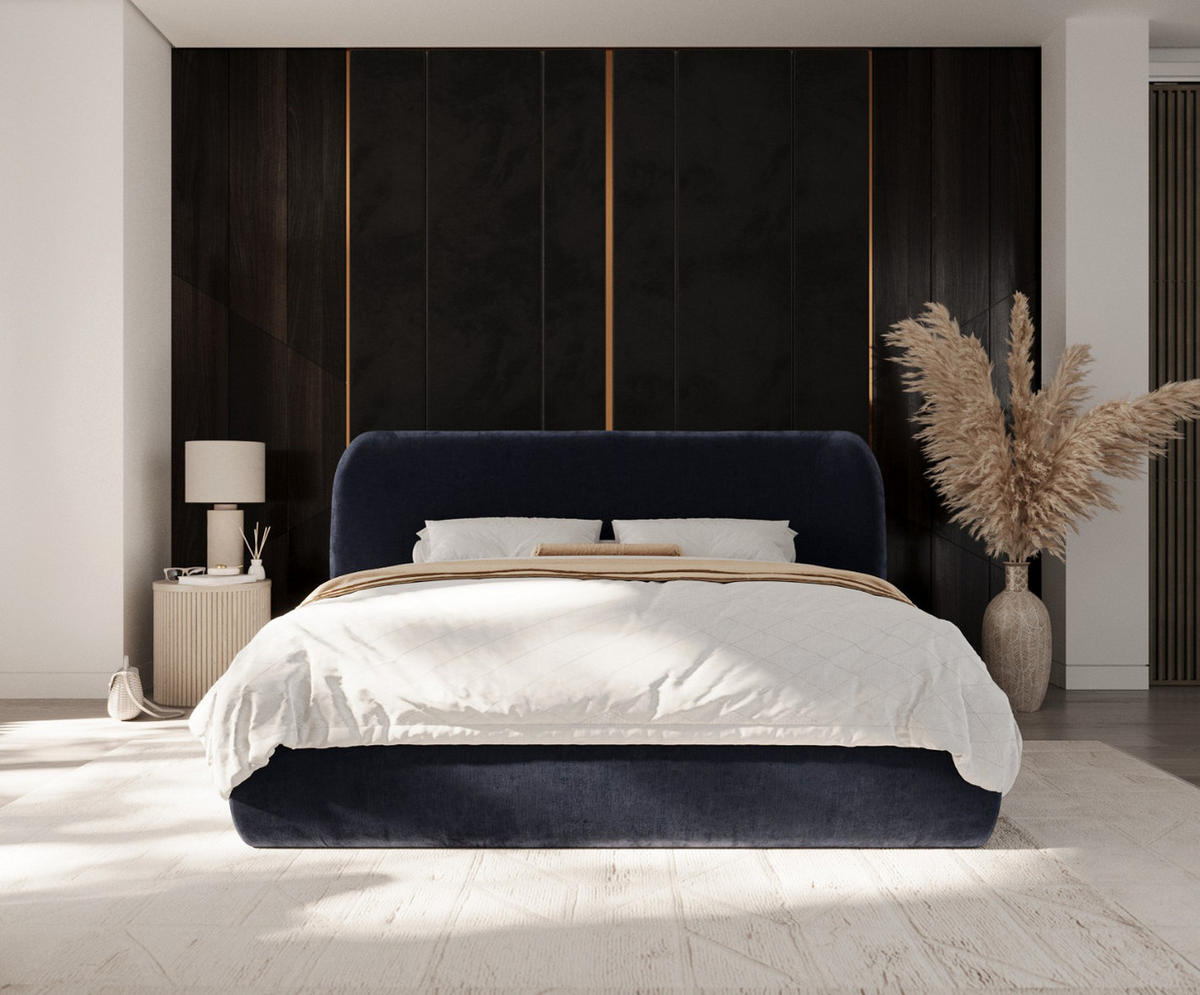POLSTERBETT Bellano mit Stauraum 140/200 cm Marineblau im Lotta Stoff - Schwarz/Naturfarben, Holz/Holzwerkstoff (140/200cm) - AltaBeds