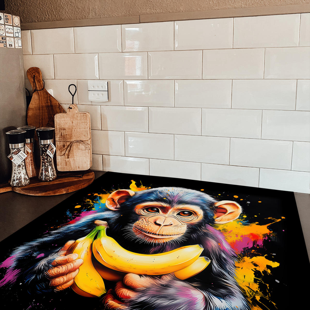 HERDABDECKPLATTE Affe - Graffiti - Farbenfroh - Bananen - Modern 78x78 cm - Gelb, Kunststoff (78/78/0.2cm) - MuchoWow