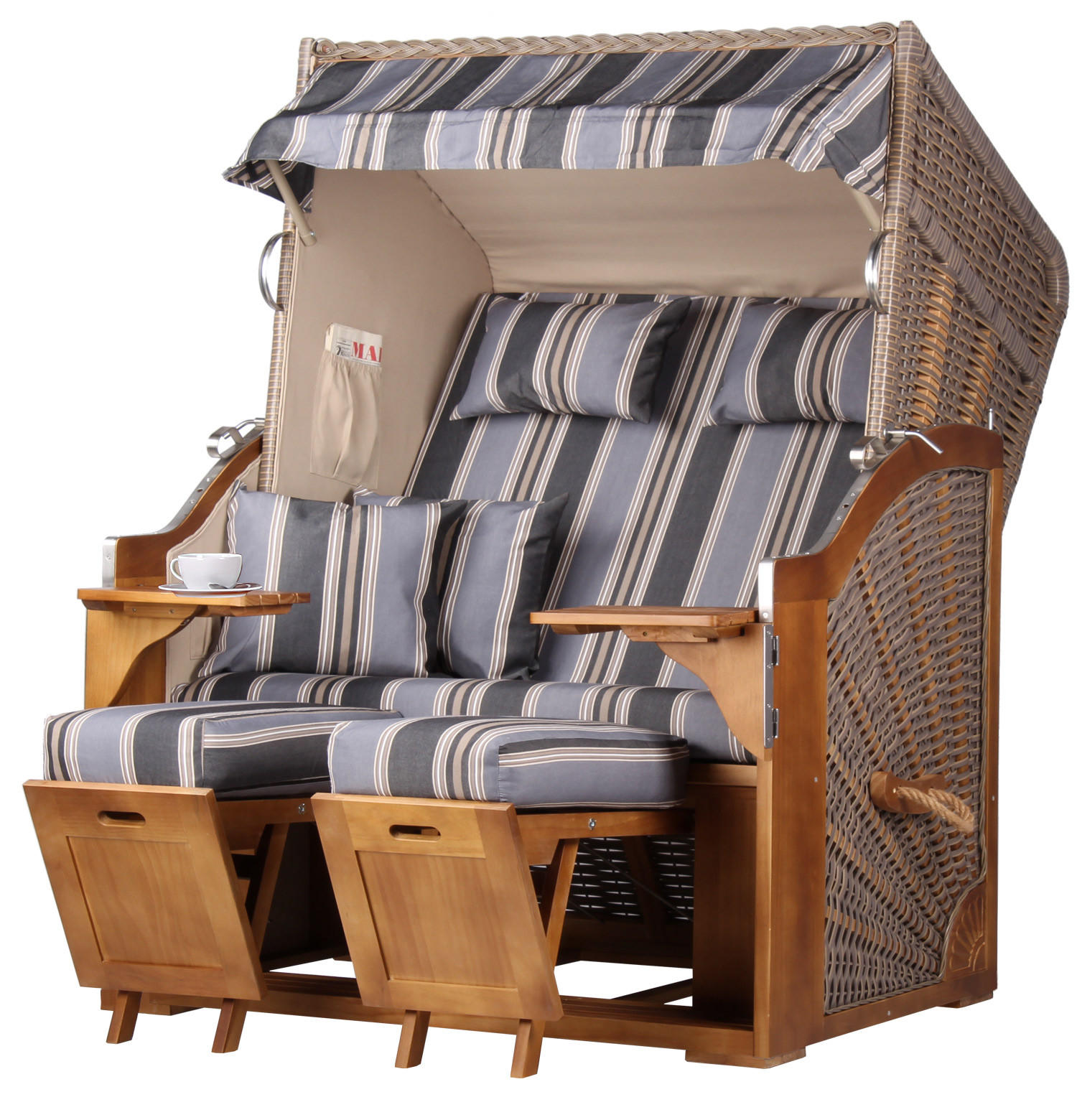 STRANDKORB Komplettset - Schleswig Pinie - PE mokka - Modell 555 - Blaugrau, Holz (120/160/80cm) - bene living