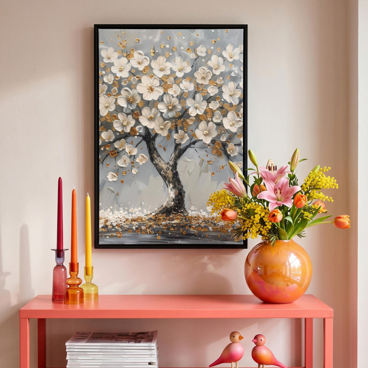 LEINWAND Bilder mit Rahmen - Baum - Blumen - Weiß - Natur - Kunst - 40x60 - Weiß, Textil (40/60cm) - MuchoWow
