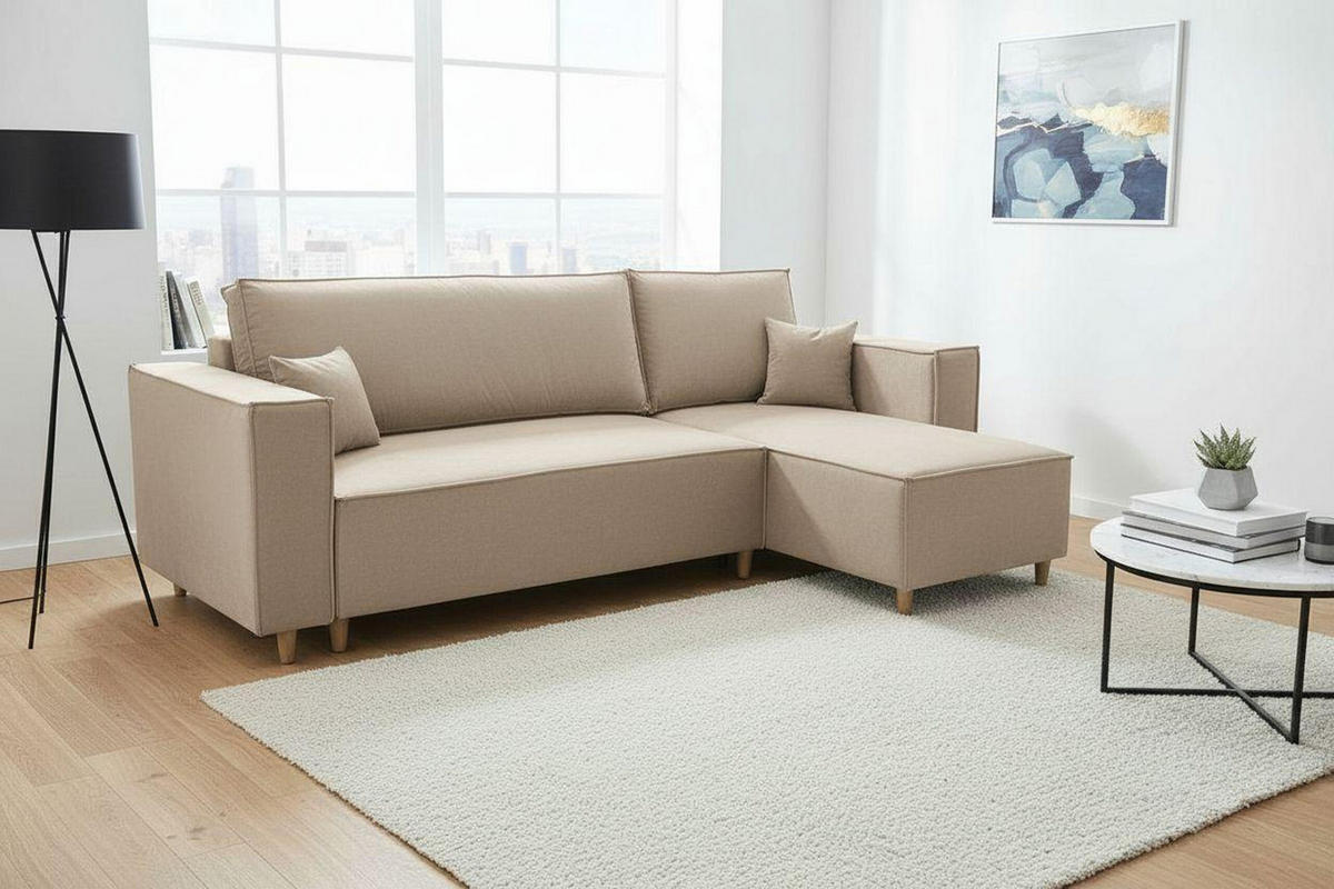 ECKSOFA RIO mit Schlaffunktion und Bettkasten, Farbe: Beige, Velourstoff, Ottomane Universal - Beige, Textil (249/142cm) - Marpur