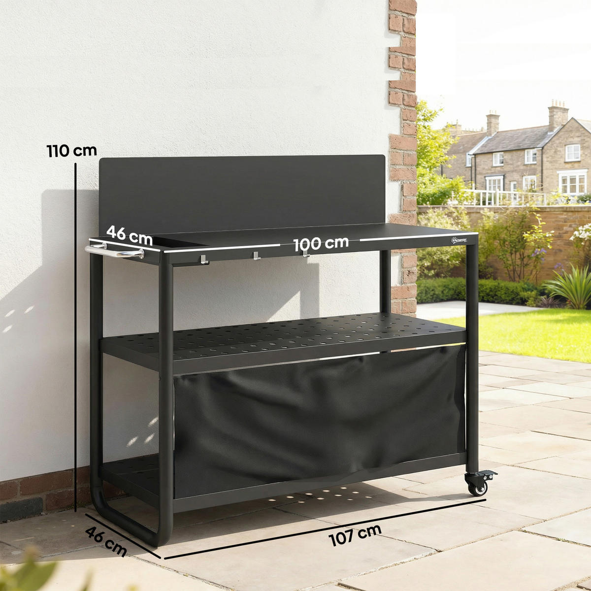 GRILLWAGEN DE-13848 3 Ebenen mit Windschutz & Schutzplane Schwarz - Schwarz, Metall (46/110/107cm) - ComfortXL