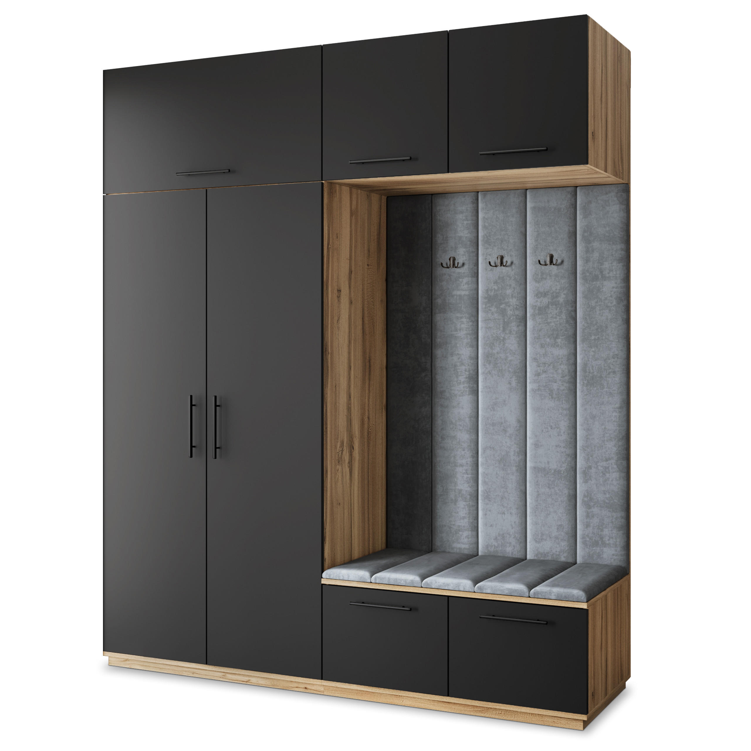Masseno Garderobenschrank Eiche Wotan, Schwarz, Grau 200x240x60 cm