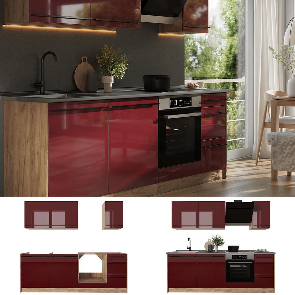 KÜCHENZEILE R-Line, Rot Hochglanz/Goldkraft Eiche, 220 cm Arbeitsplatte Goldkraft Eiche - Honigeiche/Rot, Holzwerkstoff (220/81.6/60cm) - Vicco