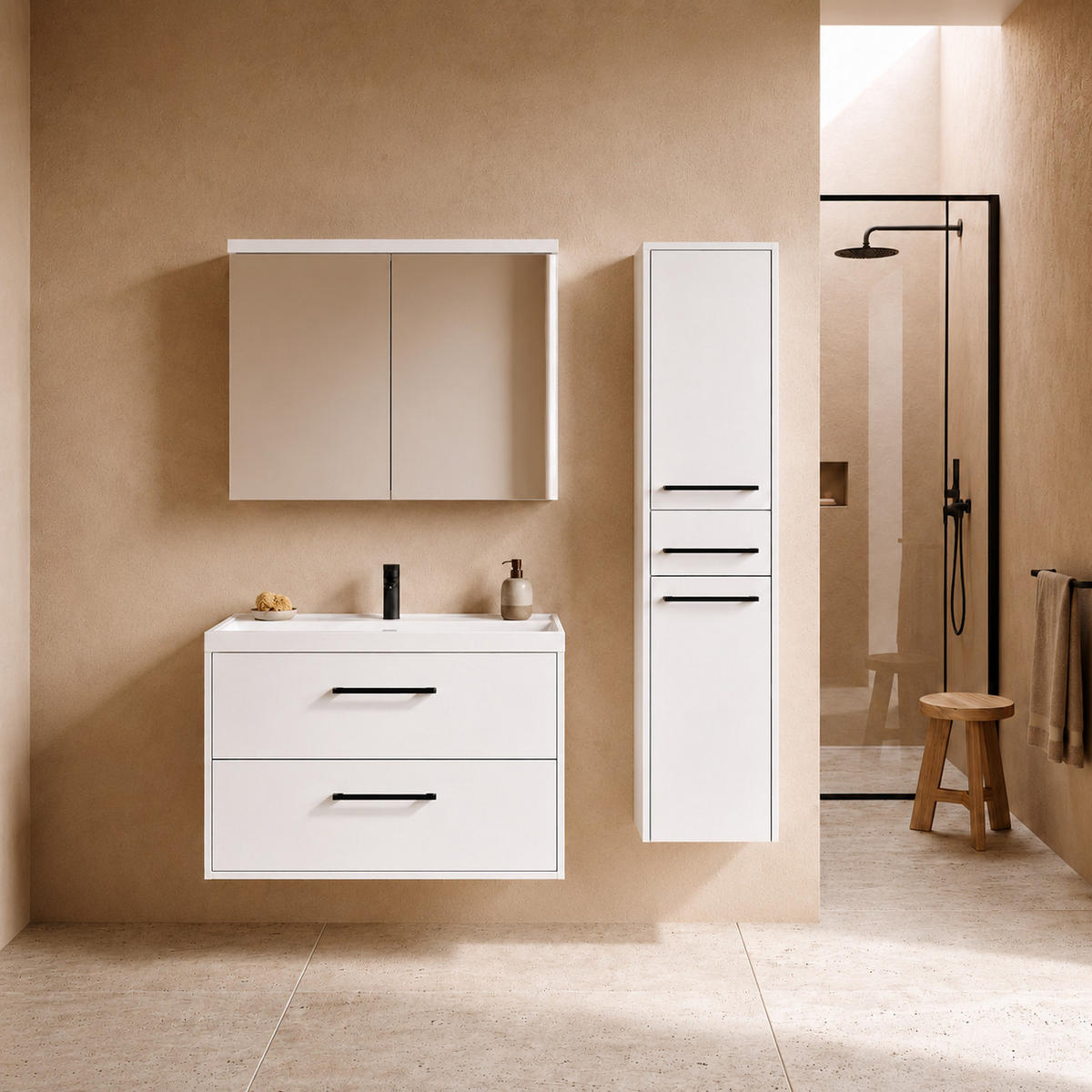 BADMÖBEL-SET Florence 3 Teile Hochglanz Weiß - 80 x 40 x 51 cm - Weiß, Holz (80/51/40cm) - Badplaats