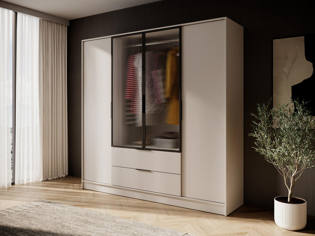 DREHTÜRENSCHRANK - Sevia Kaschmir – mit Vitrine in der Mitte - Kaschmir, Holzwerkstoff (206/200/51cm) - Möblo
