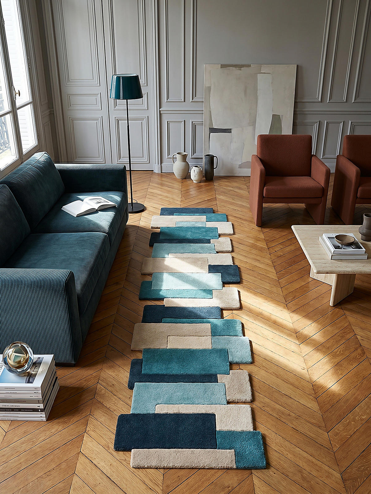 WOLLTEPPICH HALLEIN, geometrisch, Türkis, 60 x 230 cm - Blau, Textil (230/60cm) - KADIMA DESIGN