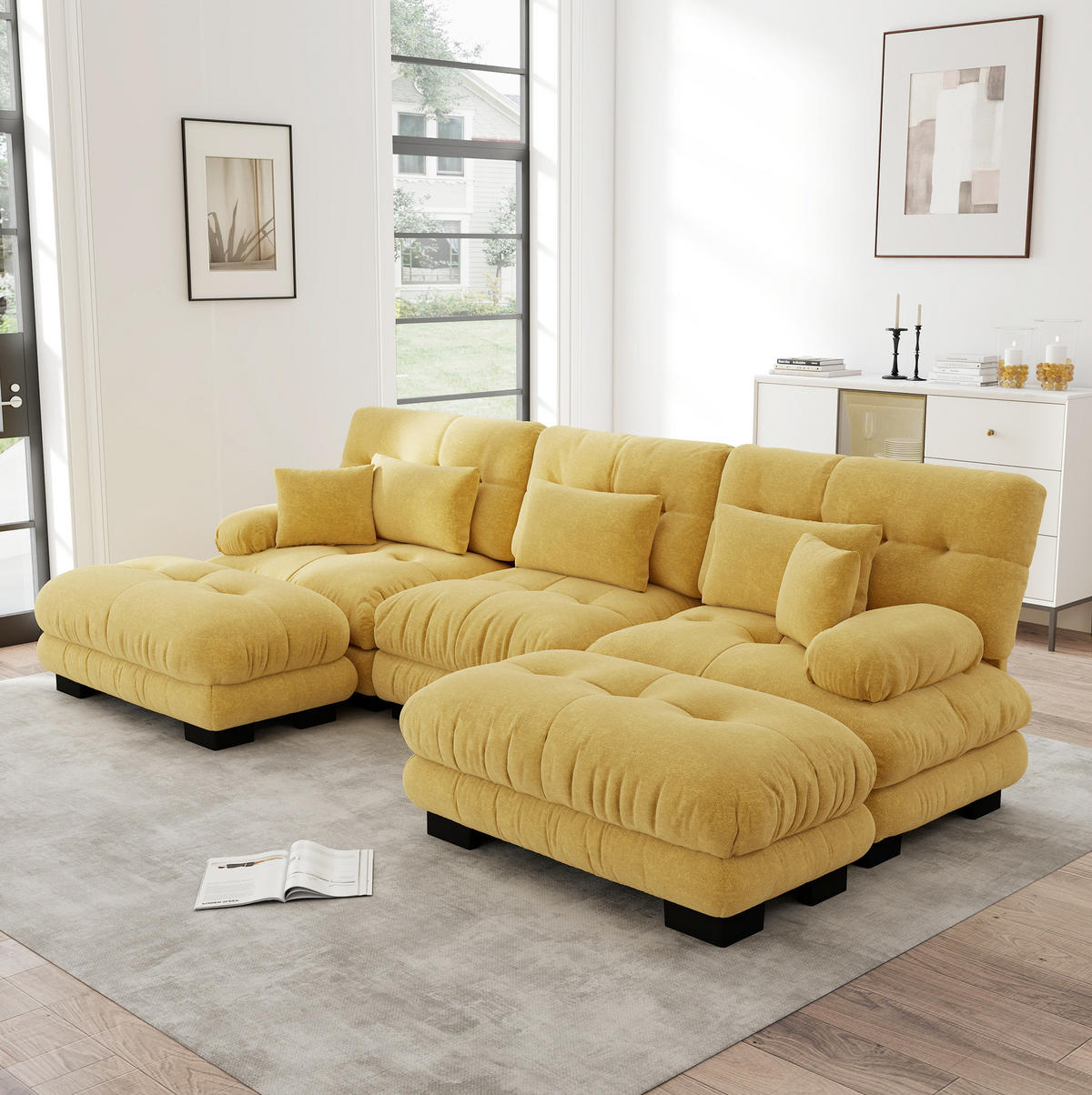 SOFA modular mit Ottomane U-/L-Form Chenille Gelb - Gelb, Kunststoff (145/81/313.1cm) - Meubliv