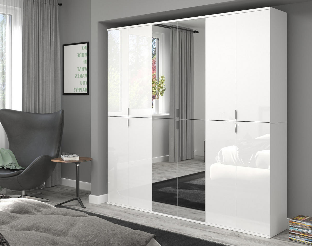 KLEIDERSCHRANK weiß Hochglanz 183 cm, Stauraumschrank mit 12 Türen und Spiegel - Chromfarben/Weiß Hochglanz, Glas/Holzwerkstoff (183/193/34cm) - Inn.Furn