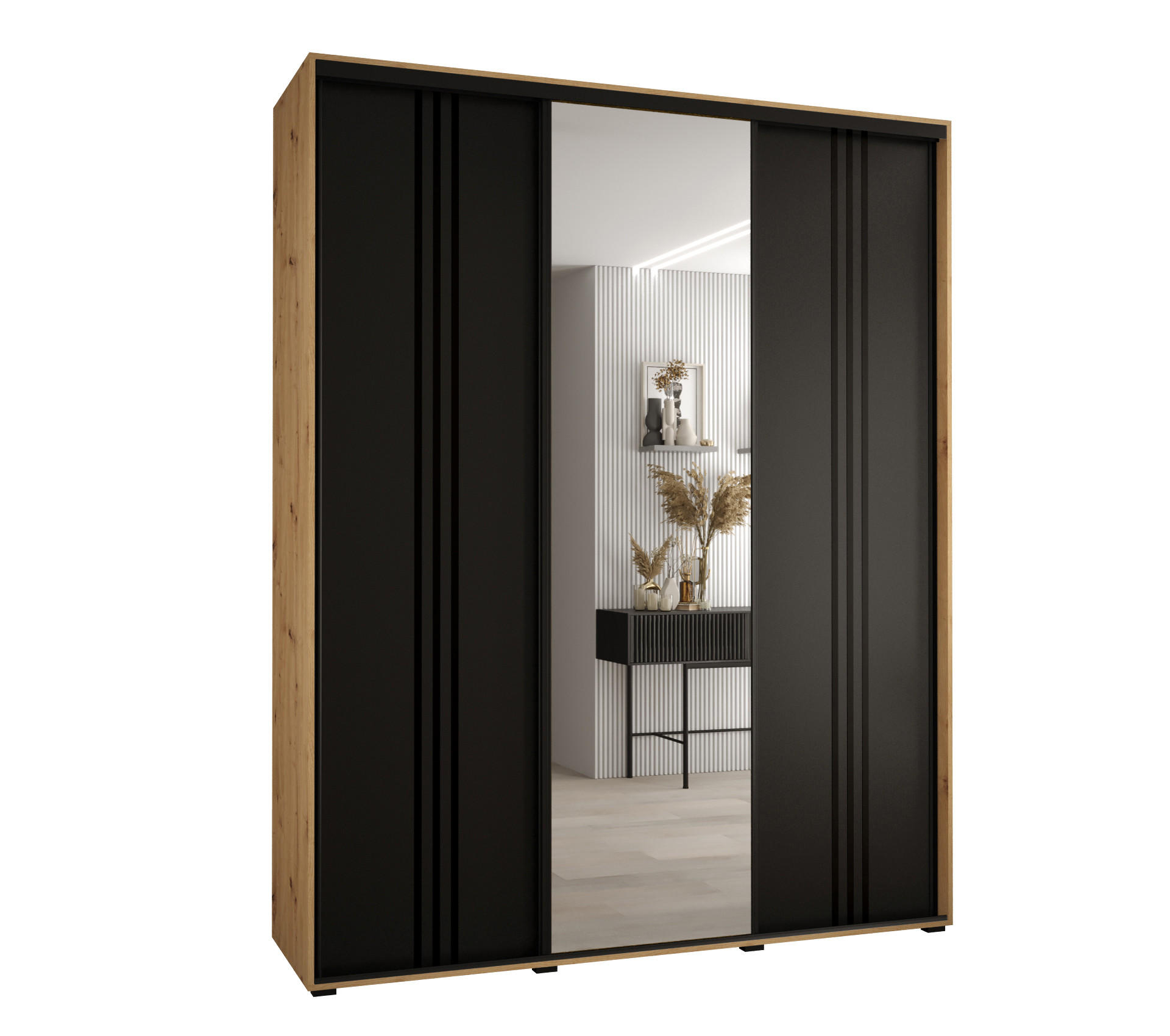 Abiks Möbel Schwebetürenschrank Eiche Artisan, Schwarz, Schwarz 200x235x45 cm