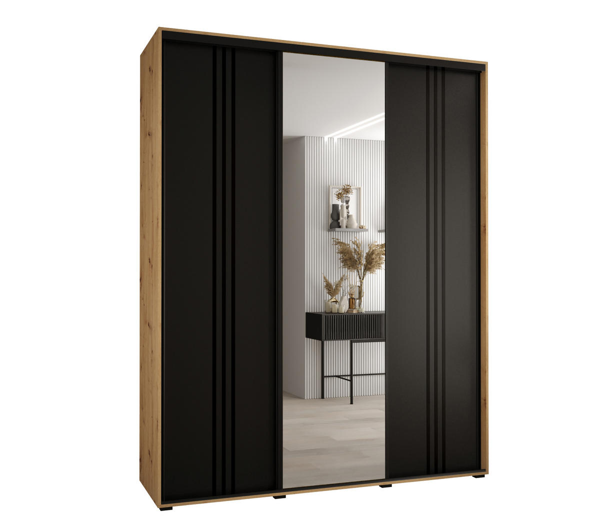 SCHWEBETÜRENSCHRANK 235,2/200/45 3-türig - Schwarz/Eiche Artisan, Holz/Metall (200/235/45cm) - Abiks Möbel