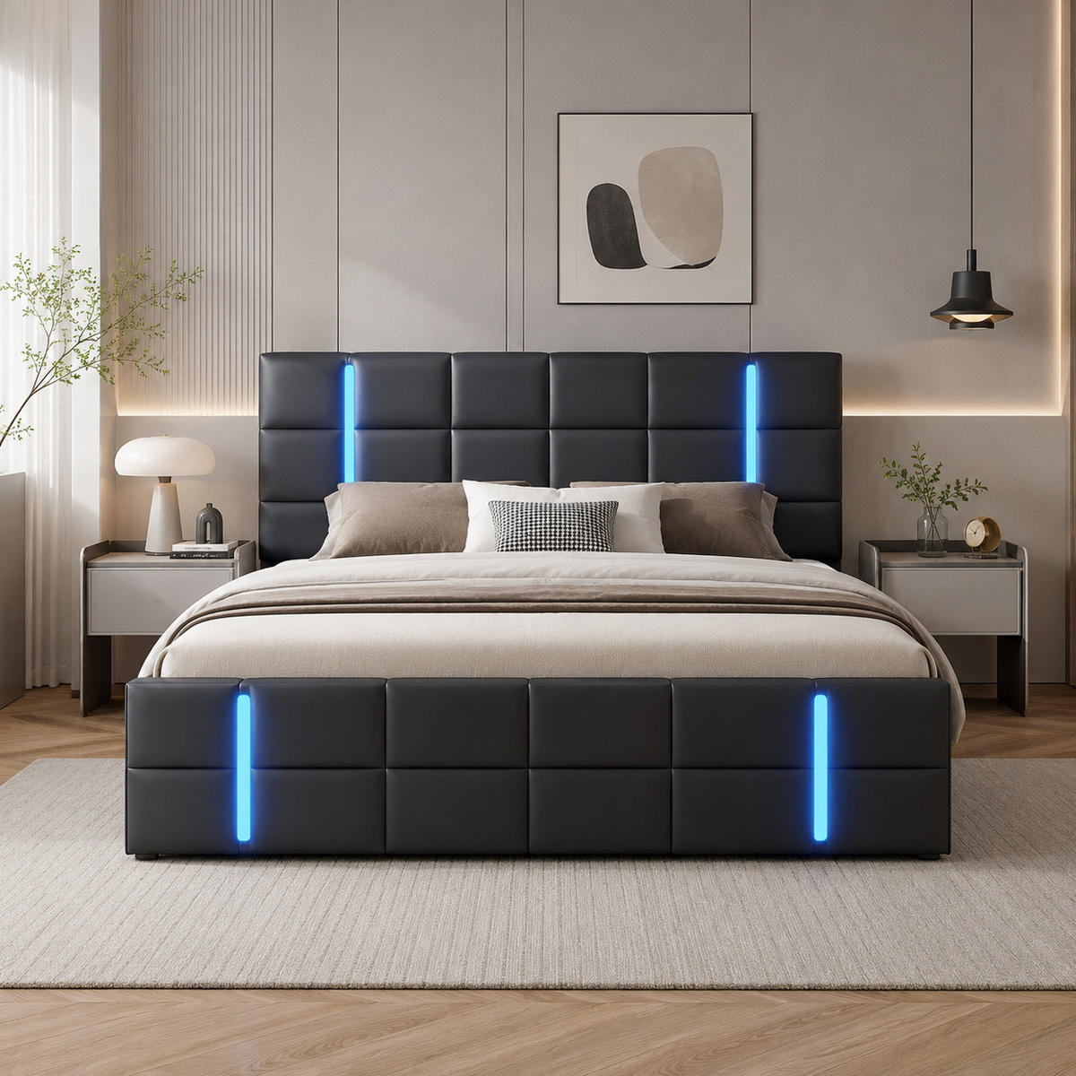POLSTERBETT 160/200 cm mit LED-Beleuchtung, integriertem USB-Anschluss am Kopfteil und hydraulischem Stauraum-Bettkasten, Lederlook Bettgestell - Schwarz, Holz/Metall (160/200cm) - Joyfair