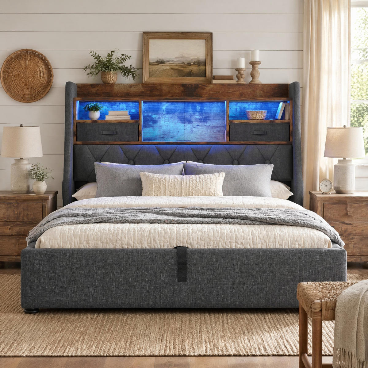POLSTERBETT 160/200 mit Bettkasten, LED und USB in Grau - Grau, Holzwerkstoff/Textil (160/200cm) - EVRYAE