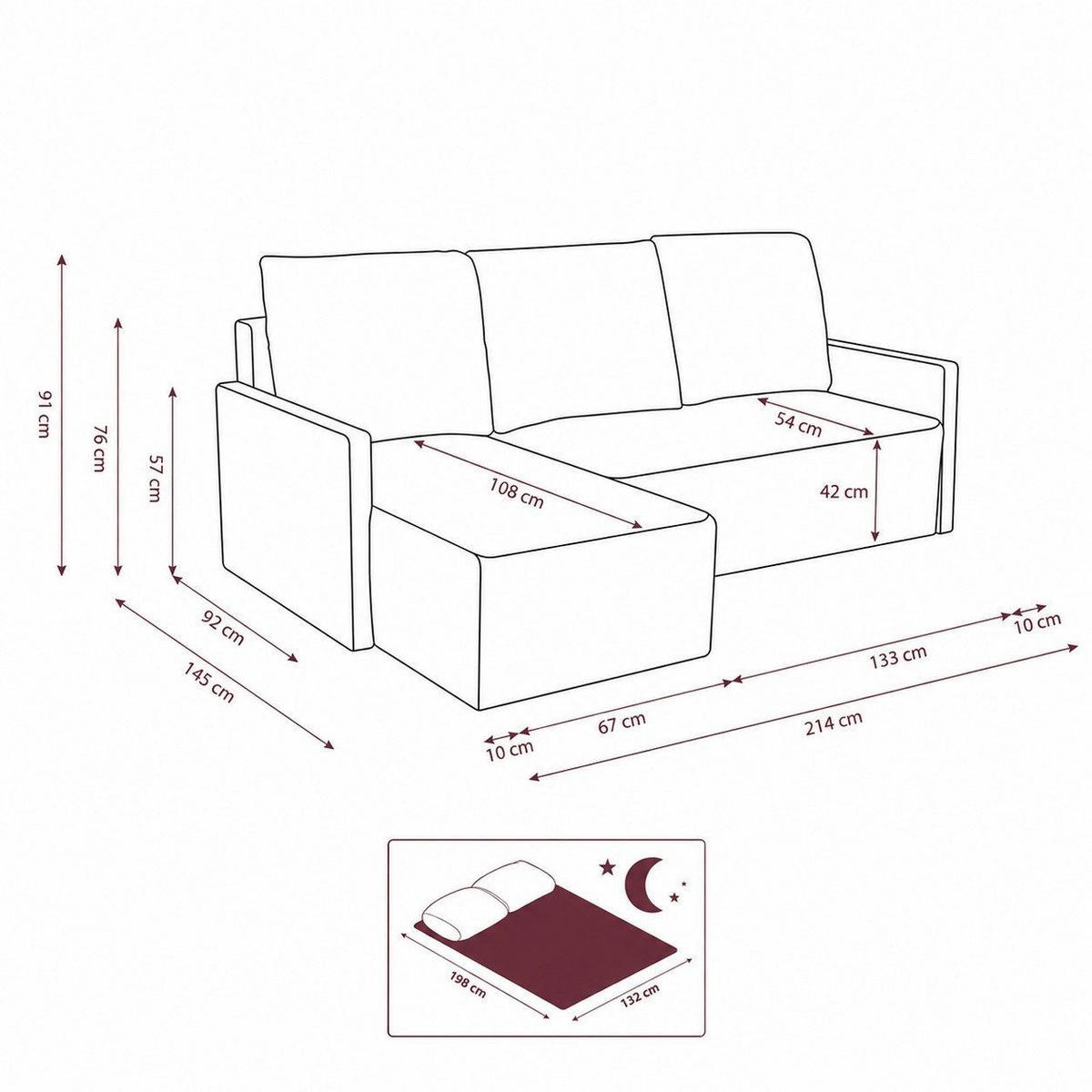 ECKSOFA PULA L Links mit Schlaffunktion 132x198 Cord Hellbraun - Hellbraun/Schwarz, Holz/Kunststoff (214/145cm) - Muffo