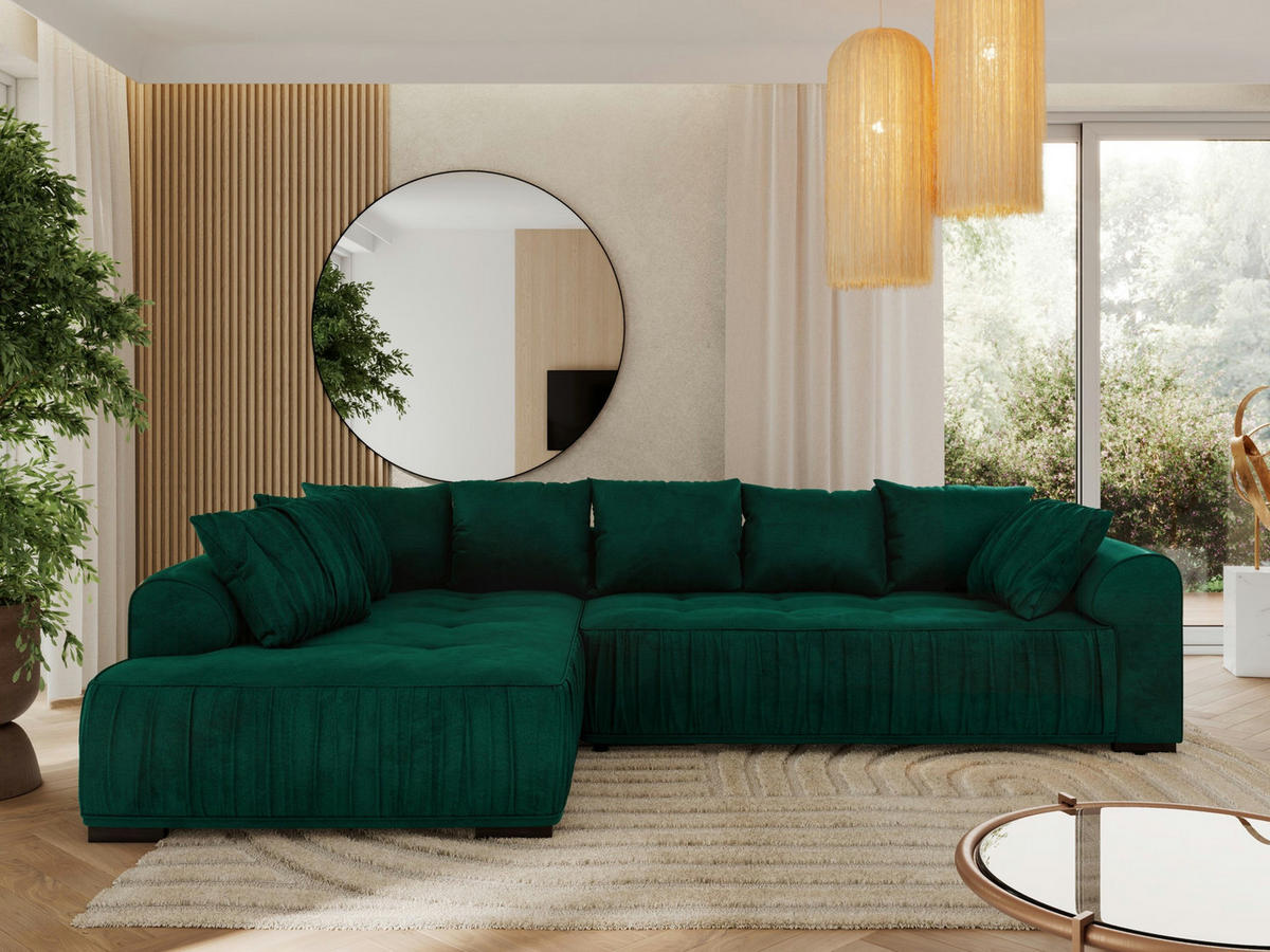 ECKSOFA ORTA Dunkelgrün Velvet - Links - Dunkelgrün/Schwarz, Textil (325/200cm) - MKS