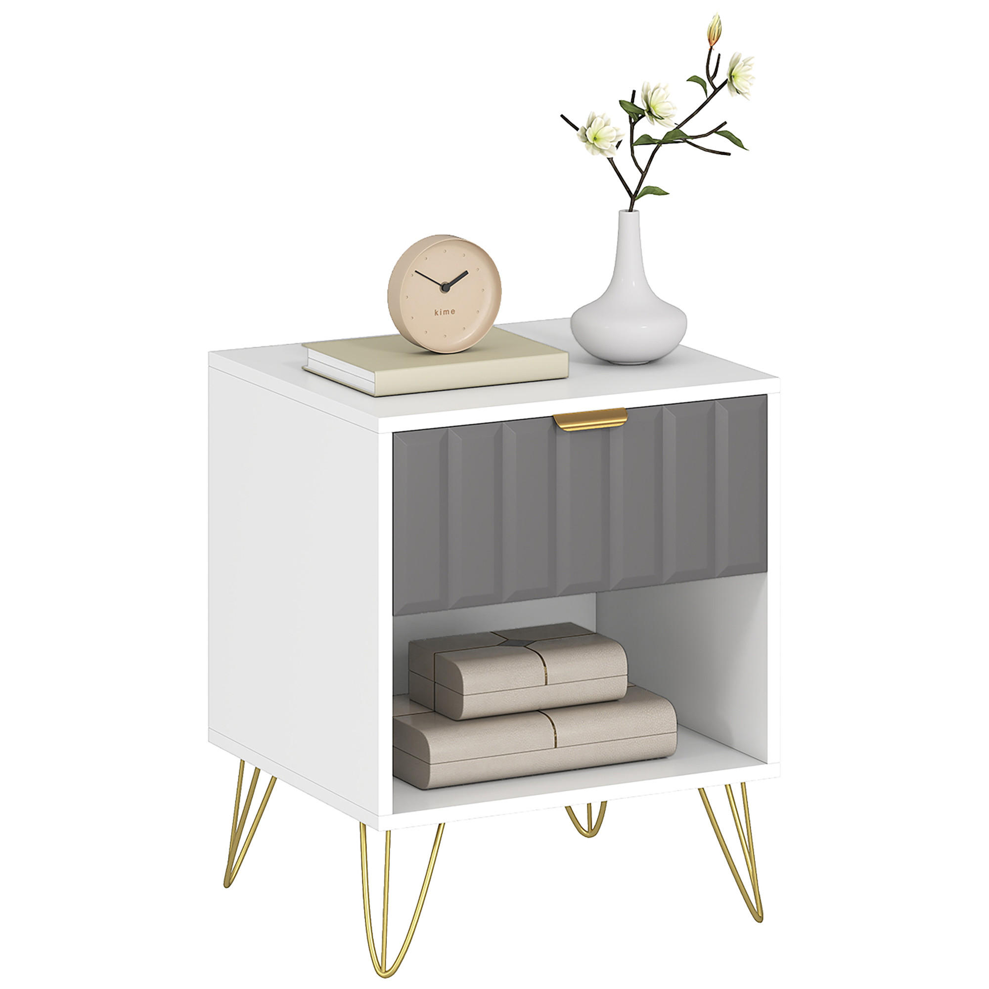 NACHTSCHRANK DE-12912 Schublade und offenes Fach, Stahlfüße Weiß - Weiß, Holzwerkstoff (40/55/45cm) - ComfortXL